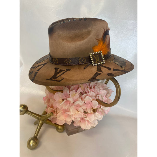Upcycled Louis Vuitton Hat Chocolate with Orange Feather B