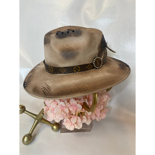 Upcycled Louis Vuitton Hat Taupe With Leopard