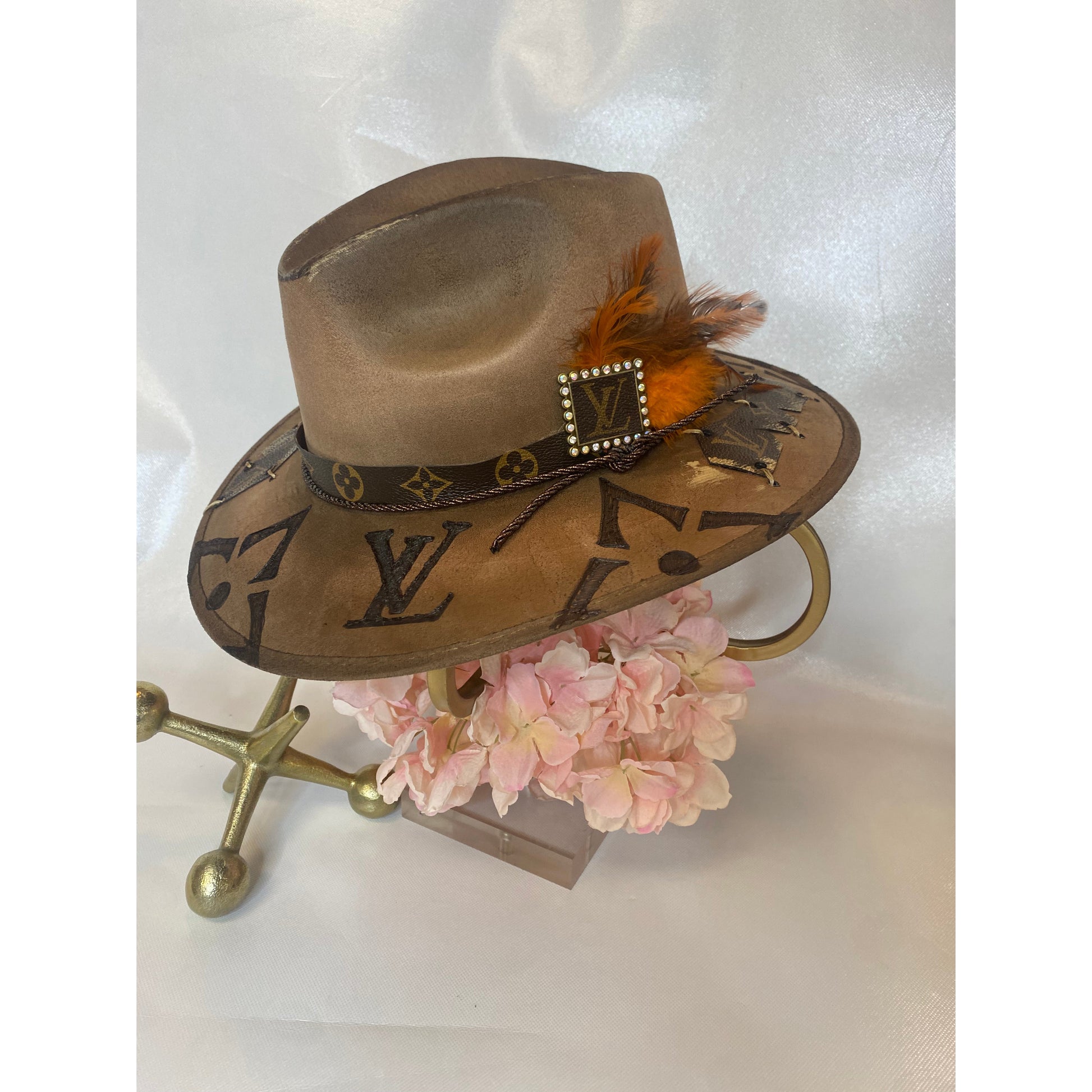 Upcycled Louis Vuitton Hat Chocolate with Orange Feather A – Southern Bliss