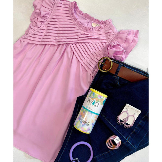 Pleated Ruffle Neck Top in Pink