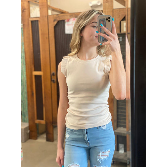 Ribbed Ruffle Sleeve Tank Top