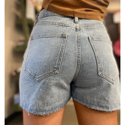 Overlap Distressed Denim Shorts