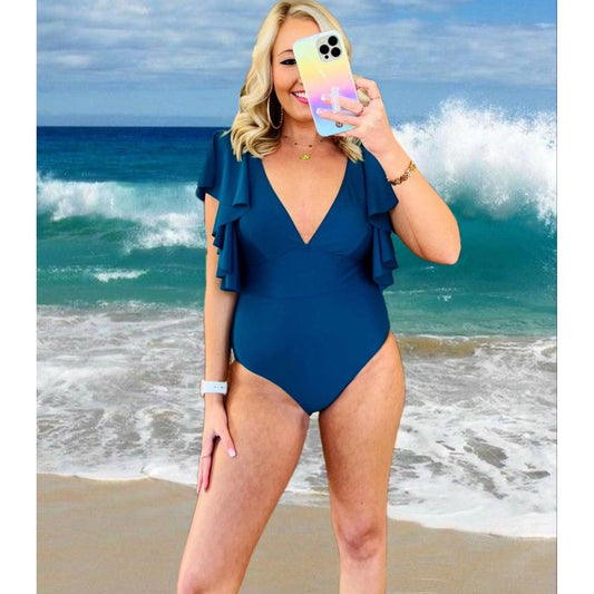 V Neck Ruffle Sleeve One Piece Swim in teal