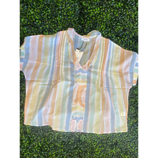 Stripe Ruffle V Neck Top