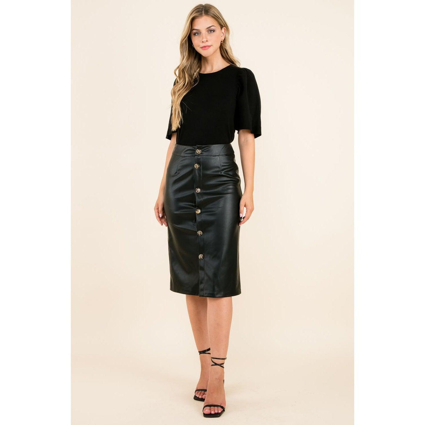 Black Leather Midi Skirt With Button