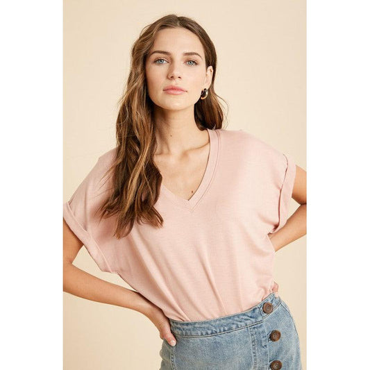 V- Neck Bodysuit with Cuff detail in Blush