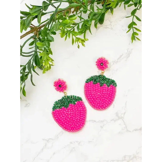 Bright Pink Strawberry Beaded Earrings