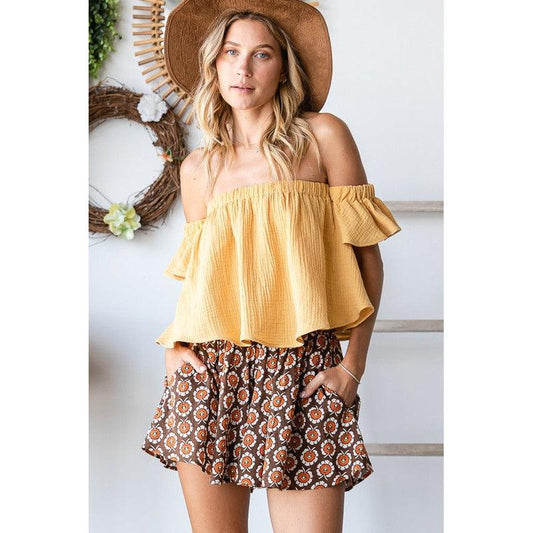 Smock Waist Pattern Shorts in Brown