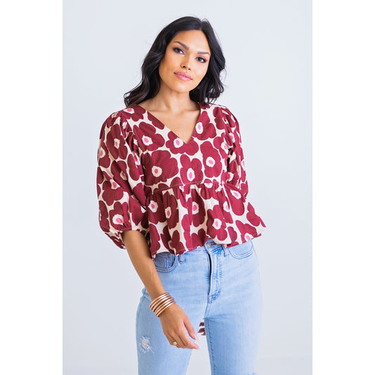 Floral Burgundy Poplin Puff Sleeve Top