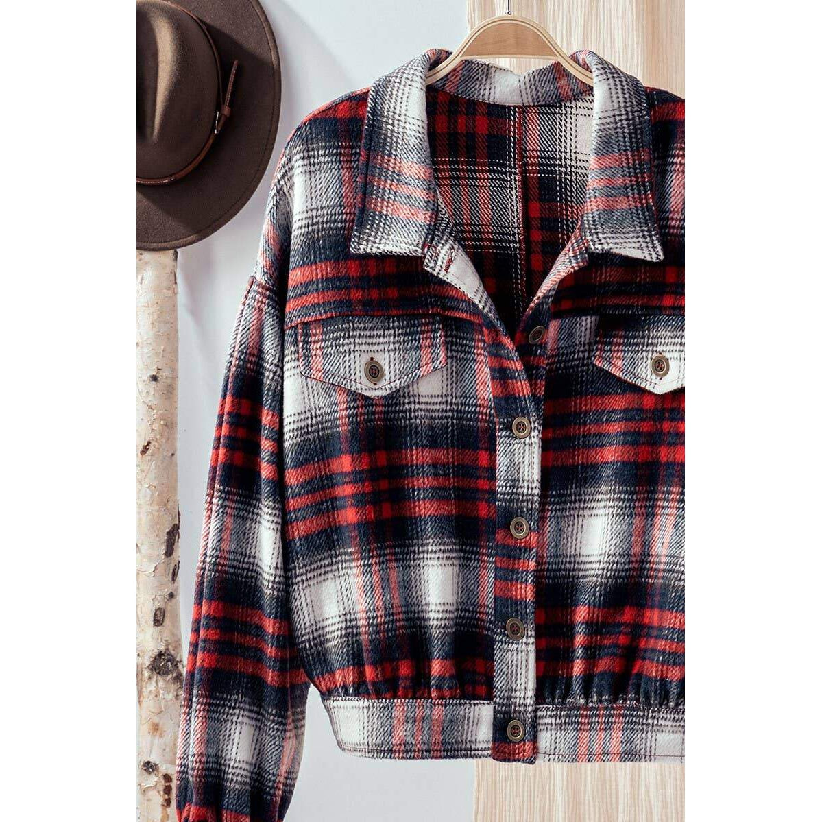 Red Plaid Flannel Button Down Jacket