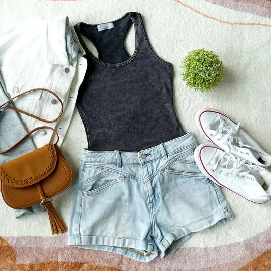 Mineral Washed Bodysuit in Charcoal