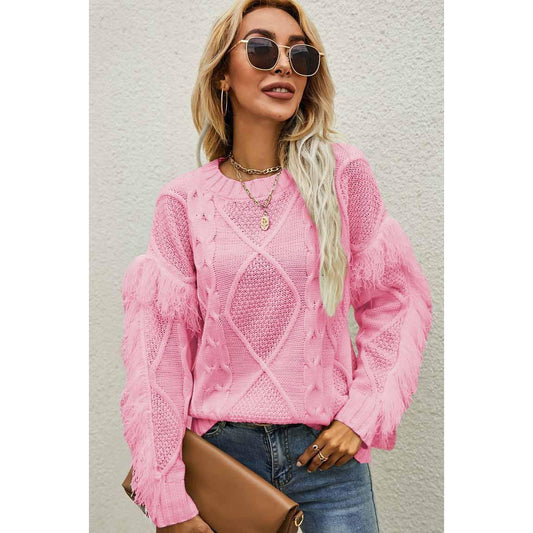 Pink Tassel Sleeve Knit Sweater