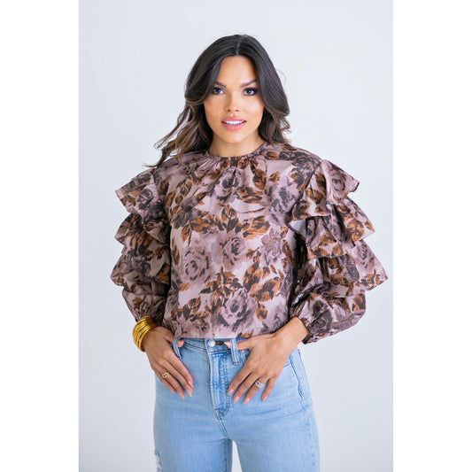 Floral Brown Ruffle Sleeve Top