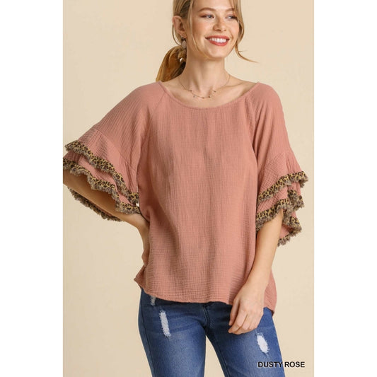 Dusty Rose Leopard Ruffle Top