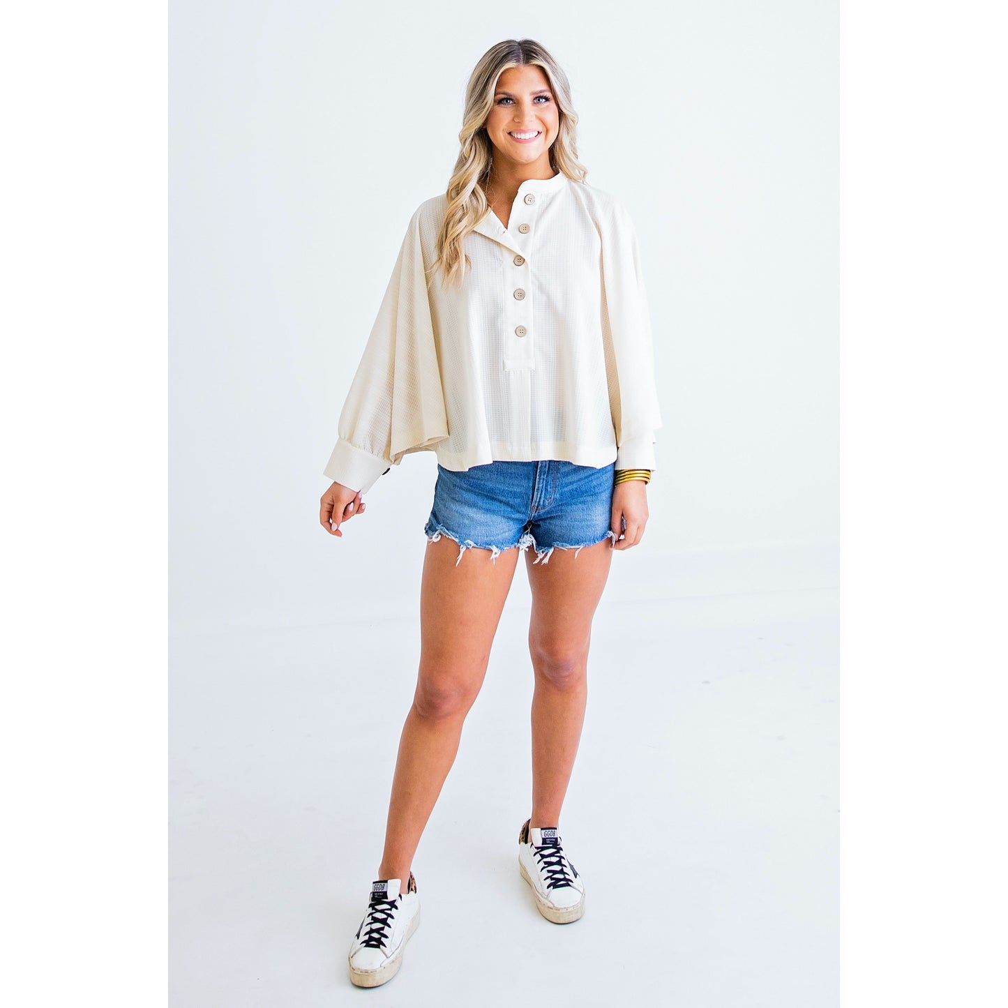 Solid Waffle Button Top in Ivory