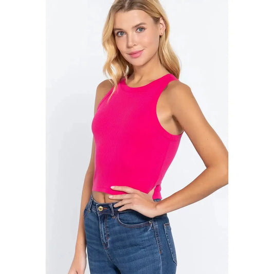 Fitted Halter Rib Tank in Fuchsia