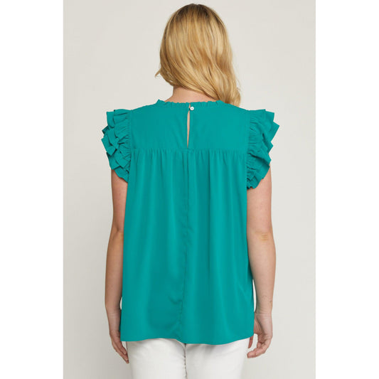 Pleated Ruffle Neck Top in Green