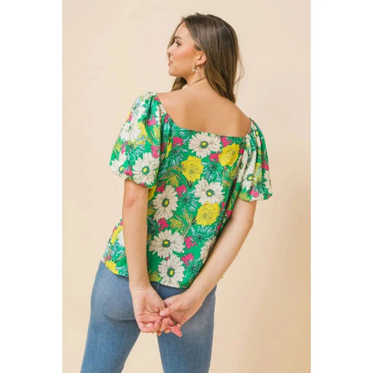 Green Floral Print Woven Top
