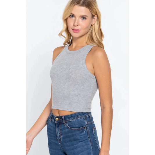 Fitted Halter Rib Tank in Grey