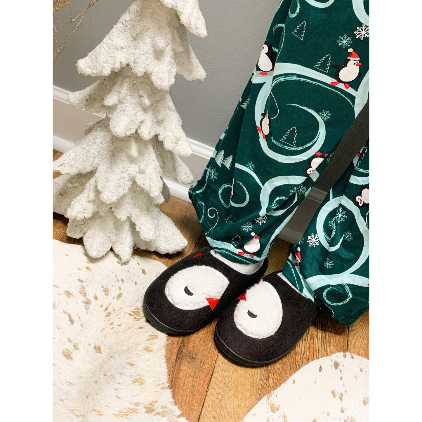 Playful Penguins Gray Cozy Slippers