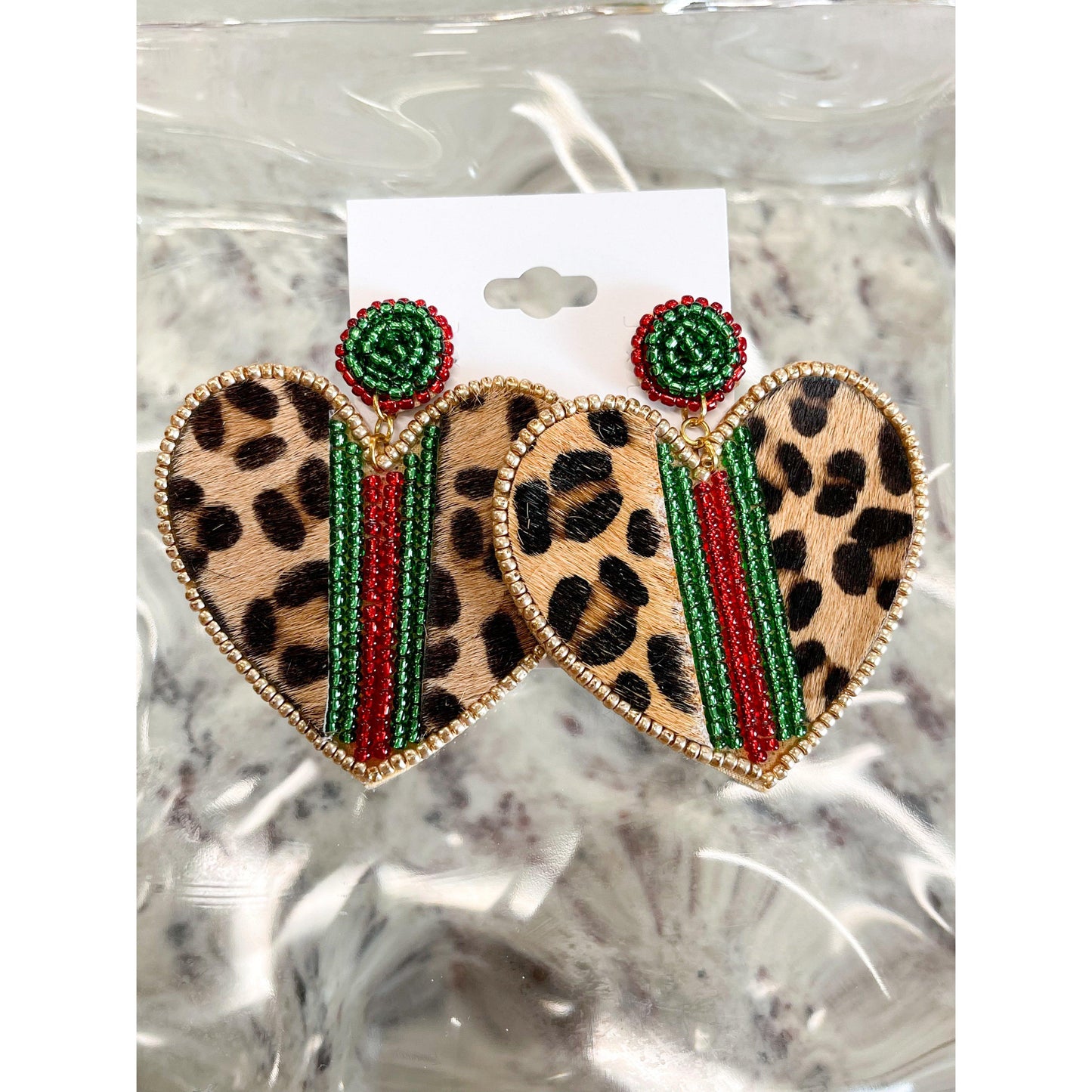 Leopard Green & Red Beaded Earrings