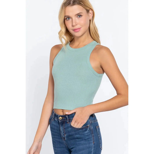 Fitted Halter Rib Tank in Mint
