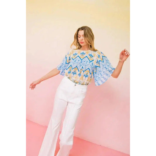 Printed Wide Arm Top in Blue/Ivory