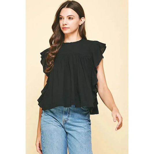 Ruffle Lace Trim Top in Black