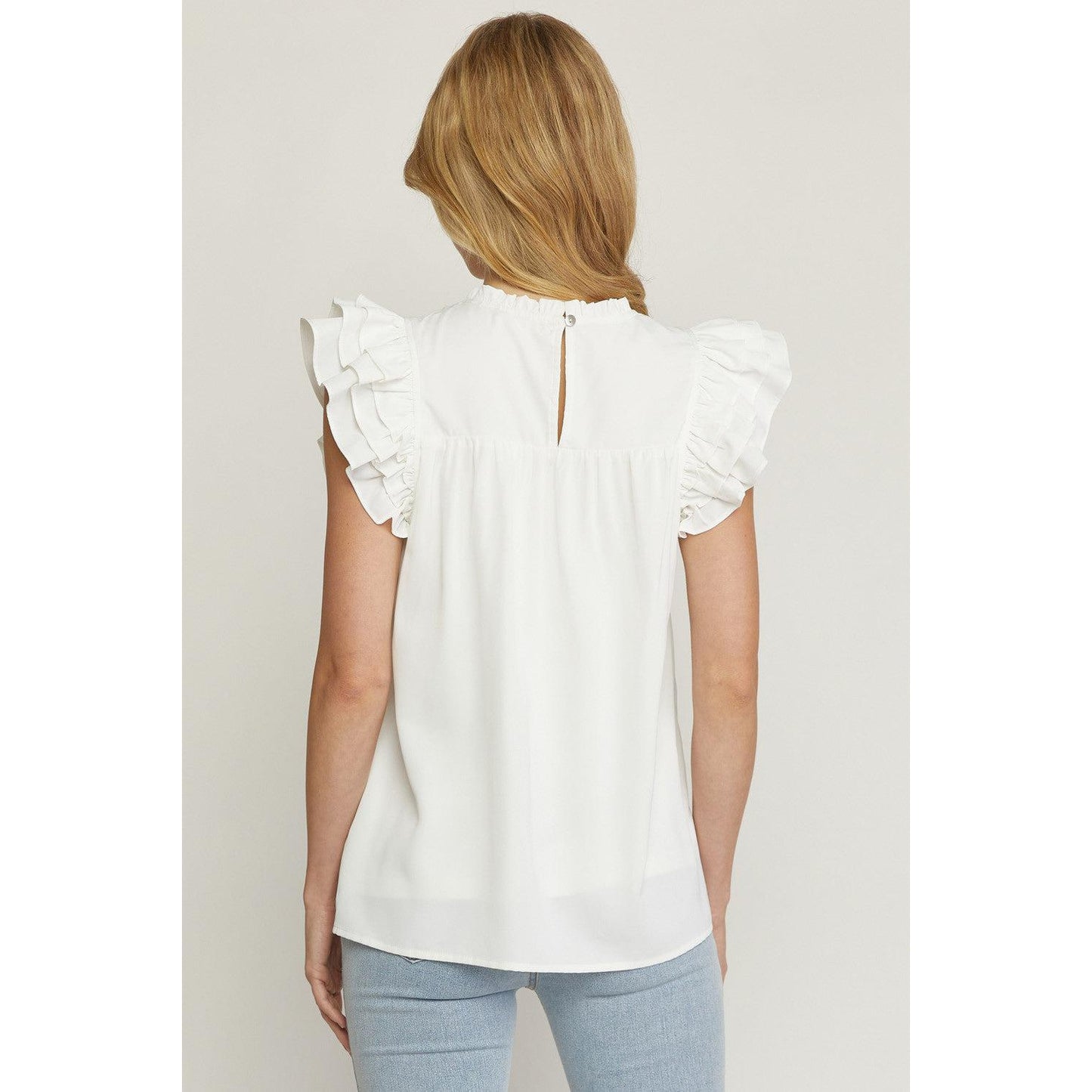 Pleated Ruffle Neck Top in White