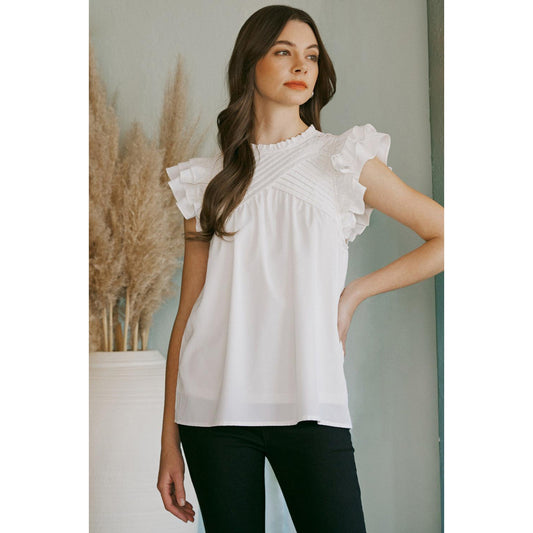 Pleated Ruffle Neck Top in White
